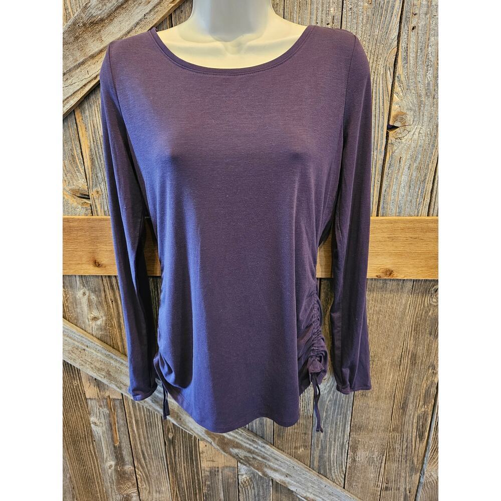 Athleta sz small eggplant purple long sleeve ruched top gym running yoga top EUC